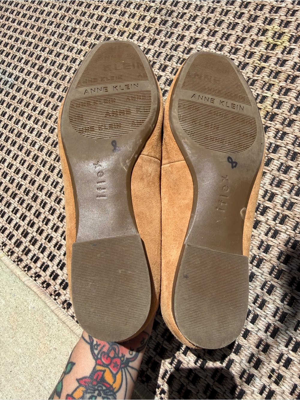 Anne Klein tan Camel Suede Slip-On Loafers with gold crest luxury - Picture 9 of 11